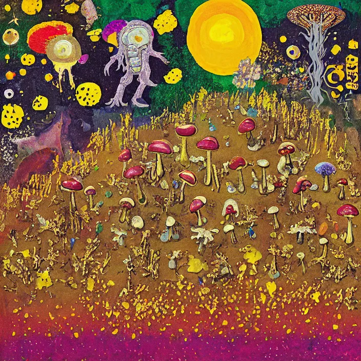 Prompt: pixel decollage painting golden armor alien zombie horseman riding on a crystal bone dragon broken rainbow diamond maggot horse in a blossoming meadow full of colorful mushrooms and golden foil toad blobs in a golden sunset, distant forest horizon, painted by Mark Rothko, Helen Frankenthaler, Danny Fox and Hilma af Klint, pixelated, neo expressionism, semi naive, pastel colors, cinematic, color field painting, cave painting, voxel, pop art look, outsider art, minimalistic. Bill Traylor painting, part by Philip Guston and Francis Bacon. art by Adrian Ghenie, very coherent symmetrical artwork, cinematic, hyper realism, high detail, octane render, unreal engine, Smooth gradients, depth of field, full body character drawing, extremely detailed, 8k, extreme detail, intricate detail, masterpiece