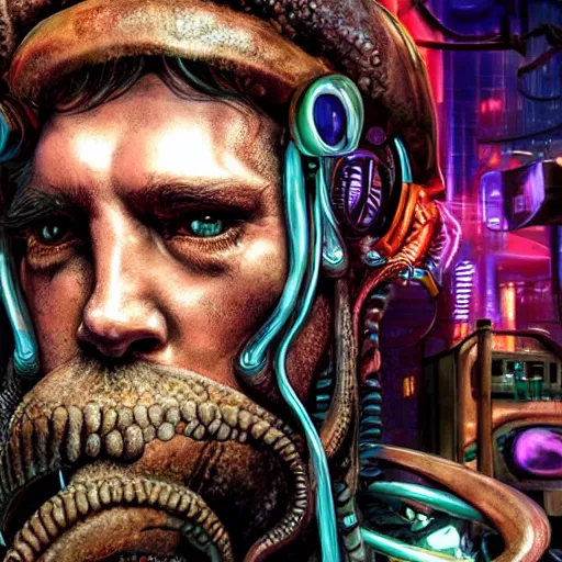 Image similar to a high quality portrait of octopus Davy Jones in a cyberpunk cyberpunk cyberpunk cafe, realism, 8k, award winning photo