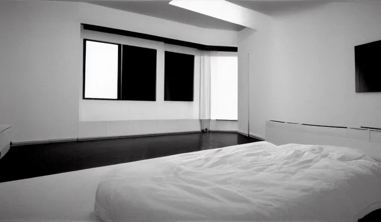 Prompt: A bedroom designed by Ryoji Ikeda, 35mm film, long shot