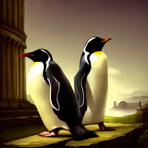 Prompt: penguin conquistadors in rome, artstation, history, nature, goya