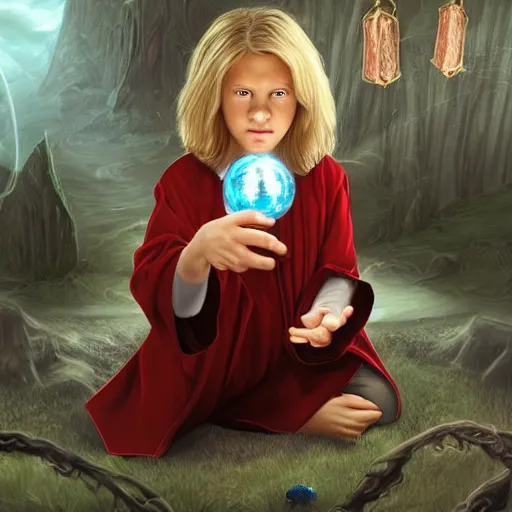 Image similar to Portrait of a 12 year old white boy with blond medium length hair, sitting cross-legged, wearing red sorcerer's robes, holding a crystal ball in his hands and gazing into it, inside of a cabin, Dungeon's & Dragons, digital illustration, deviantart, matte fantasy painting, by Jason Felix by Steve Argyle by Tyler Jacobson by Peter Mohrbacher