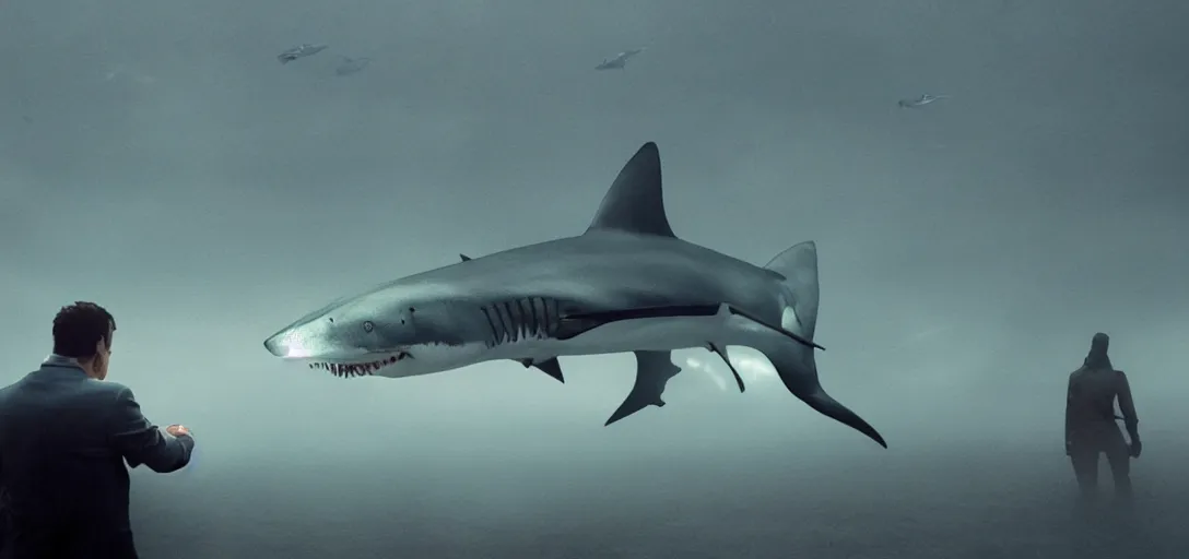 Image similar to a robotic shark painting portraits for a line of tourists, foggy, cinematic shot, photo still from movie by denis villeneuve, wayne barlowe