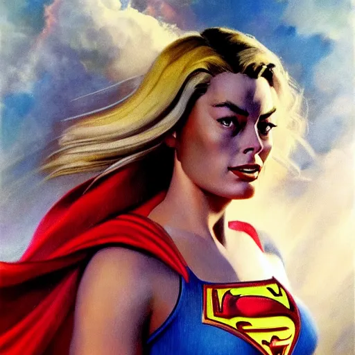 Image similar to ultra realistic portrait painting of margot robbie as supergirl, art by frank frazetta, 4 k, ultra realistic, highly detailed, epic lighting.