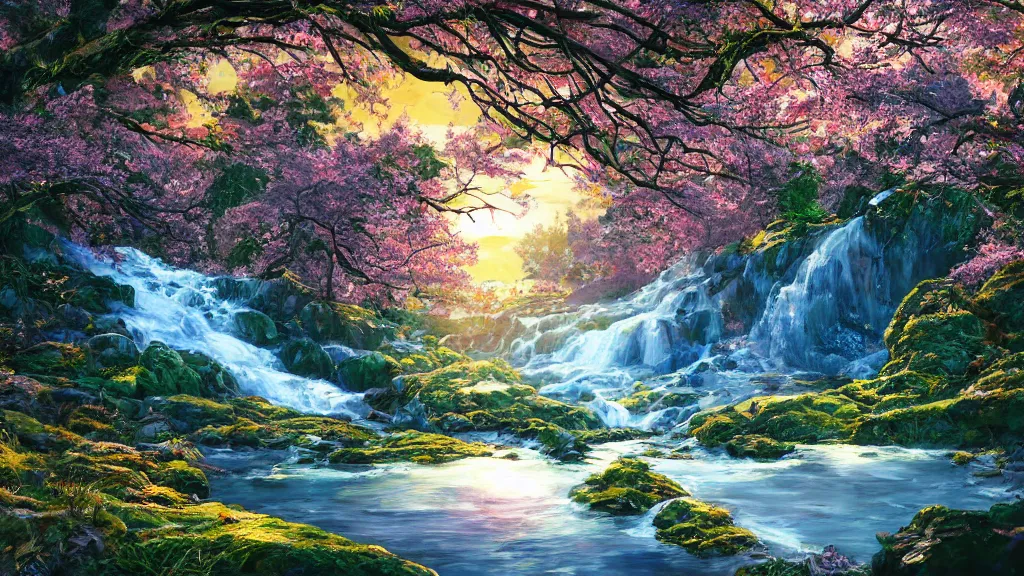 Image similar to featured on artstation cherry tree overlooking valley waterfall sunset beautiful image stylized digital art