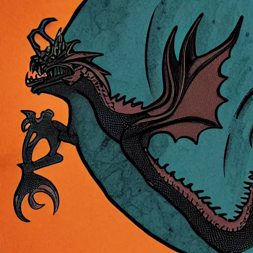 Image similar to detailed image of a Mike Mignola style dragon and of a castle