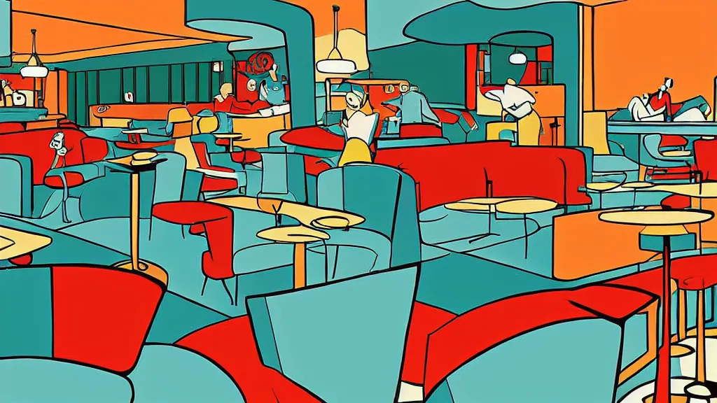 Prompt: an illustration of a bar/lounge, mid century modern cartoon style, extremely detailed, orange red green and blue colour palette,the art of the incredibles, by teddy newton