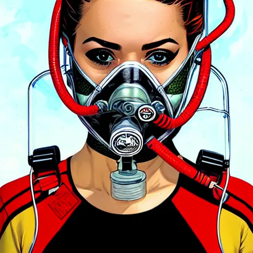 Image similar to portrait of a female diver with a oxygen mask intricate details mask by MARVEL comics and Sandra Chevrier