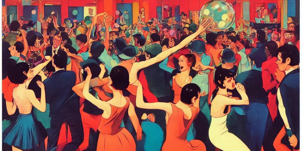 Image similar to a crowd of people dancing underneath a disco ball, risograph by ernie barnes, rex goreleigh, edward hopper, satoshi kon and moebius,, no text!, colorful flat surreal design, super - detailed, a lot of tiny details, fullshot