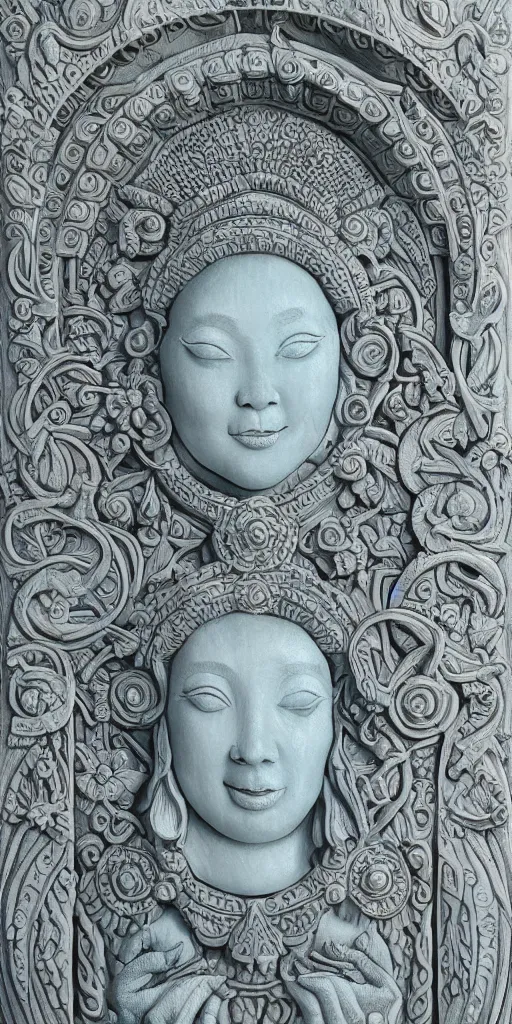 Image similar to intricate colourfully painted carved Soapstone relief paneling, white and pale blue , celestial, piggy, pig goddess, mother earth, Earth Goddess mythology, Gaia, angels, divinity, Ghostly, crystaline celtic, insanly detailed , artstation, wallpaper, hyper realistic, realistic lighting