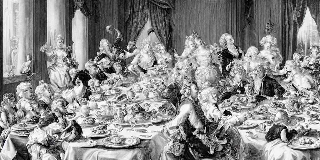 Image similar to rococo style drawing of designer get together to feast on a big table with lots of food and computers