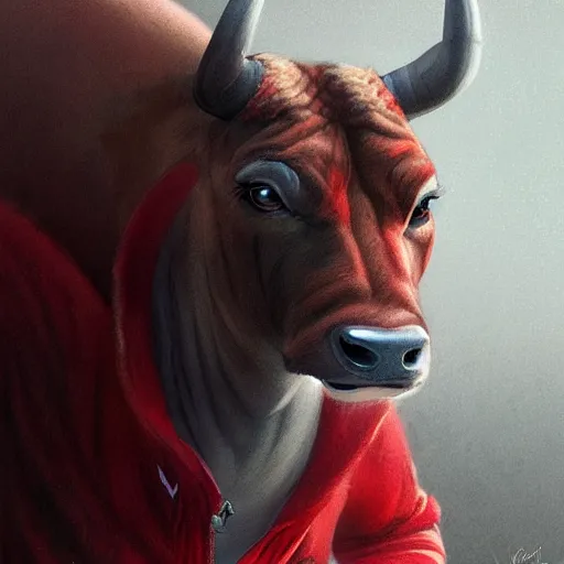 Image similar to a award winnimg commission portrait of a fit anthro bull wearimg a red tracksuit,digital art,art by greg rutkowski,character design by charles bowater,professional character design,ross tran,artstation,deviantart,photorealistic,detailed face,hyperdetailed,4k