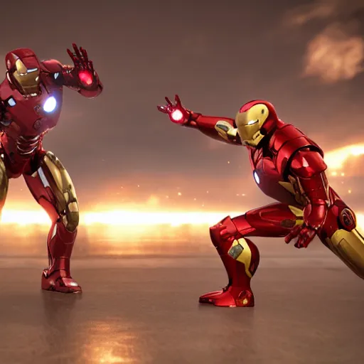 Prompt: iron man and war machine fighting, unreal engine 5, hyper detailed, realistic, volumetric lighting, octane render, 4 k