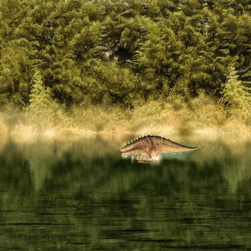 Prompt: a photo of a dinosaur swimming in a lake, realistic, ultra high detail, 8 k.