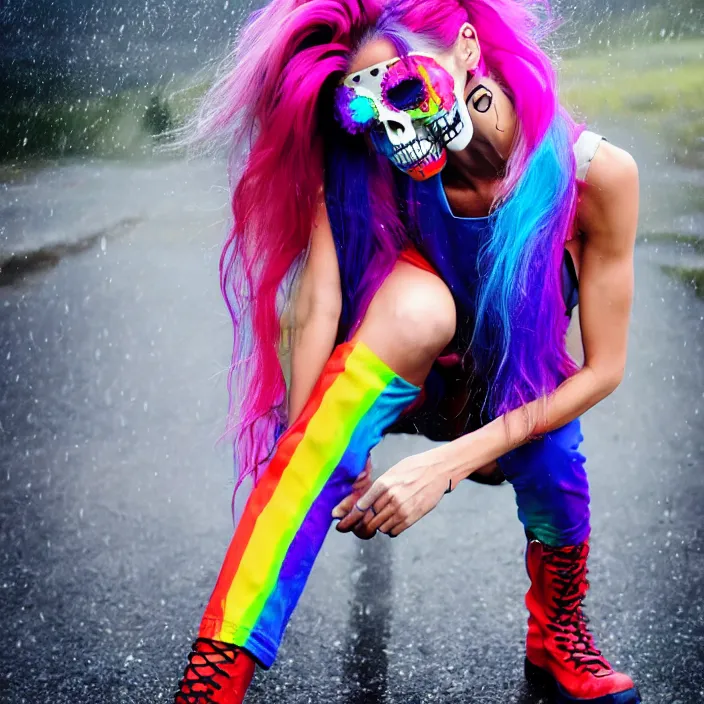 Prompt: fully body pose, photo of a very beautiful!! victoria secret model, skull woman, rainbow hair, overalls, short shorts, fishnets, combat boots, wet t shirt, raining, 8 k, hdr, smooth, sharp focus, high resolution, award - winning photo, trending on artstation, dslr, 5 0 mm