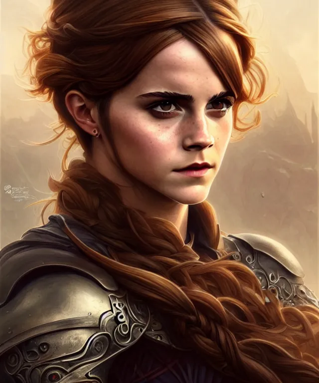 Image similar to Emma watson Muscular and powerful medieval knight woman portrait, sci-fi, amber eyes, face, long hair, fantasy, intricate, elegant, highly detailed, digital painting, artstation, concept art, smooth, sharp focus, illustration, art by artgerm and greg rutkowski and alphonse mucha