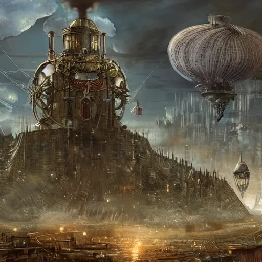 Prompt: a sprawling fantasy city with steampunk airships floating in the sky there are tall towers with searchlights aimed towards the sky detailed digital art wide angle