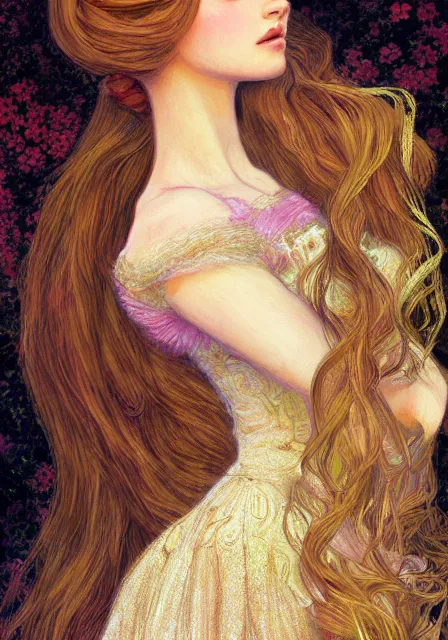 Image similar to rapunzel, intricate, elegant, highly detailed, digital painting, artstation, concept art, smooth, sharp focus, illustration, pre - raphaelite style, monet, mucha,