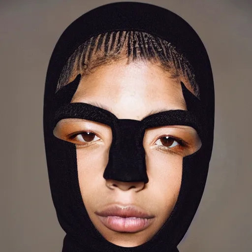 Image similar to realistic photoshooting for a new balenciaga lookbook, dark, color film photography, portrait of a beautiful woman, model is wearing a balaclava mask, in style of tyler mitchell, 3 5 mm,