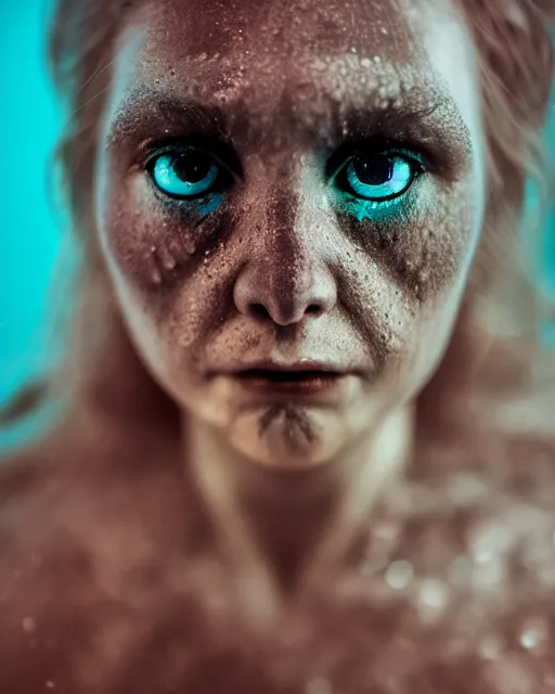 Prompt: detailed vertical eyes, beautiful face of an underwater human descendant fishwoman, darkness, macro lens, very deep sea, mariana trench, dark, hd, dagon, fishpeople