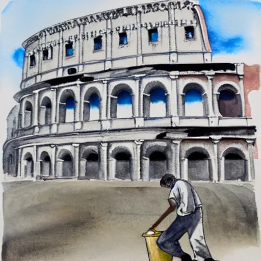 Prompt: man making lemonade in front of the colosseum, monochrome watercolor painting