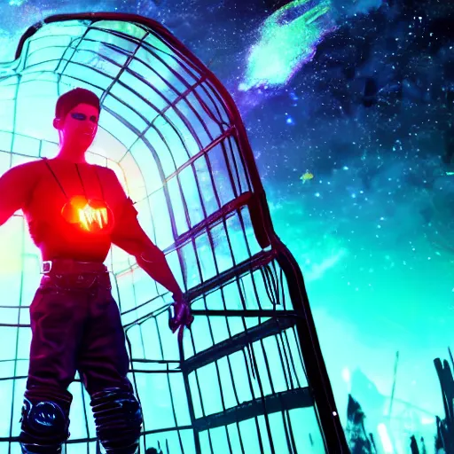 Image similar to A beautiful boy wearing a black mesh crop top and black shorts standing in a mad max cage. The boy is surrounded by a colorful nebula. Cyberpunk, Digital Art, unreal engine 5, 50mm, f2.8