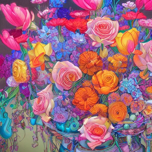 Image similar to a bouquet of colorful flowers, flowers with very long petals,afternoon sunlight, hard light and long shadows, neon glowing, vivid, detailed painting, by James Jean and Ross Tran, masterpiece, award winning painting