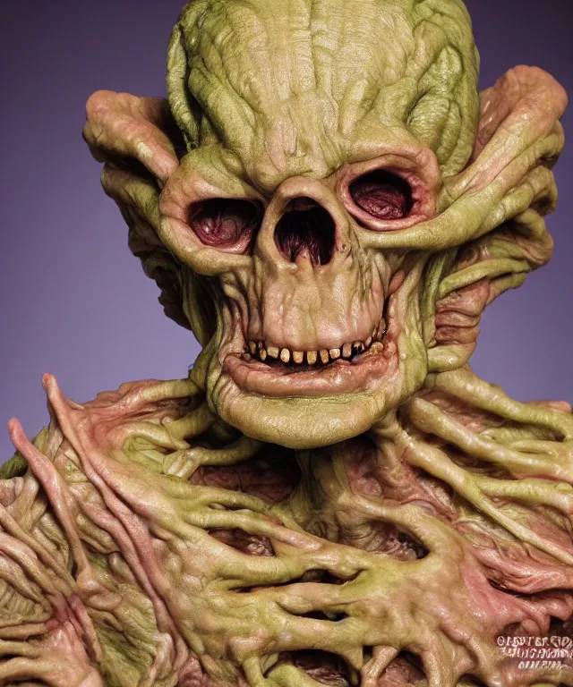 Image similar to hyperrealistic rendering, cronenberg flesh monster skeletor by art of skinner and richard corben and jeff easley, product photography, action figure, sofubi, studio lighting, colored gels