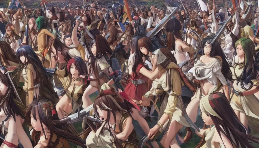 Image similar to jesus christ our lord leading an army of anime girls into battle, photorealistic, anime, mini skirt, long hair, renaissance painting, hyper real, detailed, closeup shot, ultra detailed