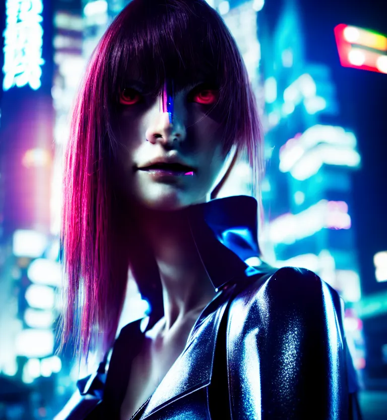 Prompt: a photo close up a cyberpunk female supermodel, shibuya prefecture, midnight, photorealistic, cinematic color, studio lighting, highly detailed, bokeh, style by tomino - sama