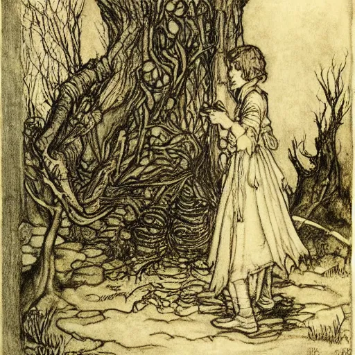 Image similar to once upon a midnight dreary, while i pondered, weak and weary, over many a quaint and curious volume of forgotten lore, by arthur rackham, highly detailed, 8 k,