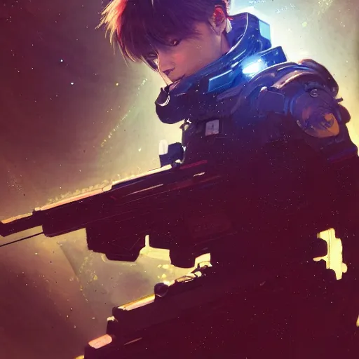 Image similar to award winning, extremely photorealistic, bokeh, beautiful detail, stars in the sky, cybernetic, sci-fi space game art, jeon Jungkook holding a gun. alien planet art by Akihito Yoshitomi AND Yoji Shinkawa AND Greg Rutkowski, Mark Arian trending on artstation