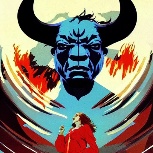 Image similar to Joshua Middleton comic art, A large black bison with fiery eyes, Bison God, Ancient, a scene from the TV show, American Gods