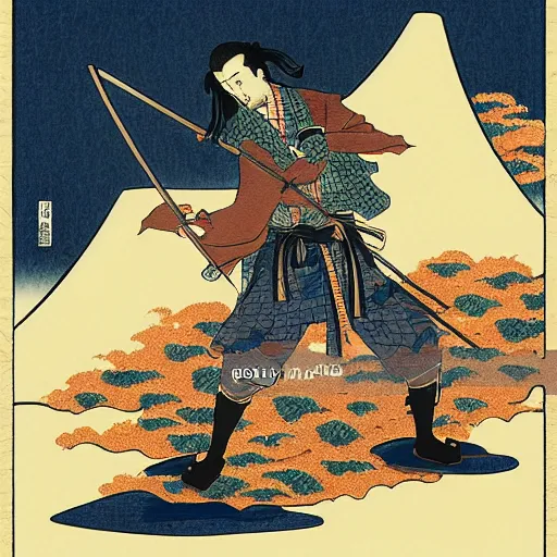 Image similar to by hokusai, samurai man vagabond, the samurai holds chains, detailed, editorial illustration, matte print, concept art, ink style, sketch, digital 2 d