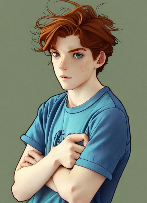 Image similar to art nouveau portrait of a teen boy with completely straight auburn hair, light blue eyes, pale skin, freckles, sad expression, t - shirt, modern casual clothing, natural lighting, path traced, highly detailed, high quality, cartoon, digital painting, by don bluth and ross tran and studio ghibli and alphonse mucha