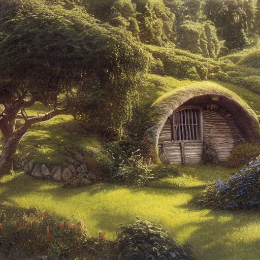 Prompt: beautiful serene hobbiton, by alan lee, lord of the rings, smooth, detailed terrain, oil painting, matte painting concept art, trending on art station