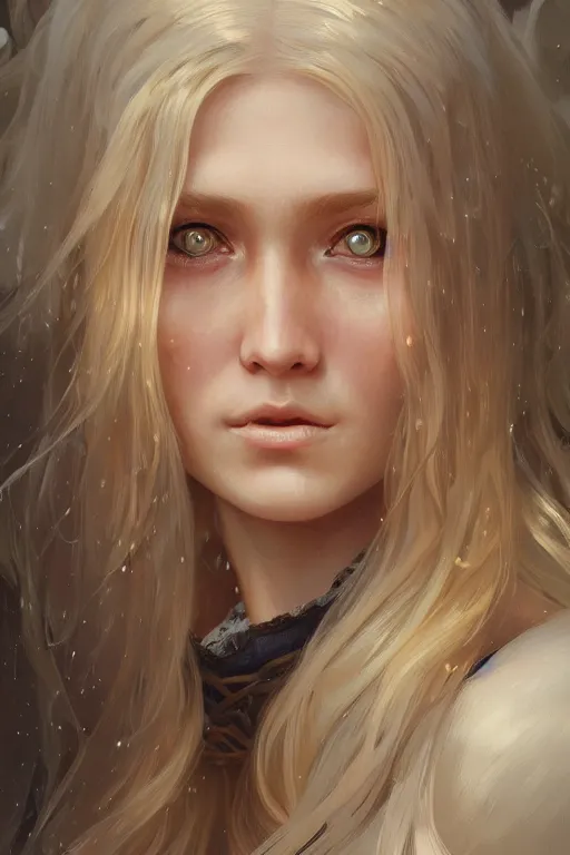 Image similar to Close-up portrait of young nordic girl, long blonde hair, dark fantasy, portrait, highly detailed, digital painting, artstation, concept art, sharp focus, illustration, art by artgerm and greg rutkowski and alphonse mucha