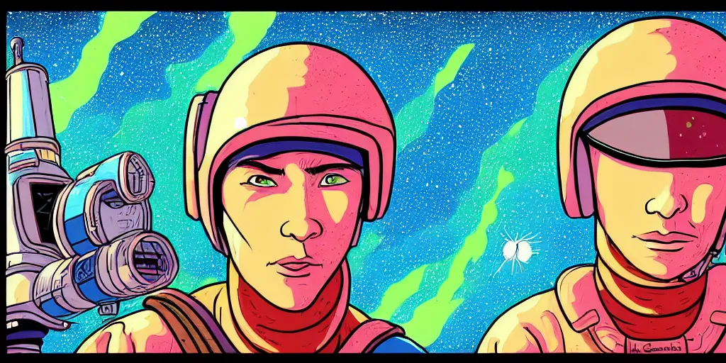 Image similar to traditional drawn colorful animation portrait of headshot a close look to solo skateboarder with backpack jumping, futuristic city street, space station planet afar, planet surface, ground, rocket launcher, outer worlds, hyper contrast well drawn, in Metal Hurlant, in Pilote, in Pif, by Jean Henri Gaston Giraud animation film The Masters of Time FANTASTIC PLANET La planète sauvage animation by René Laloux