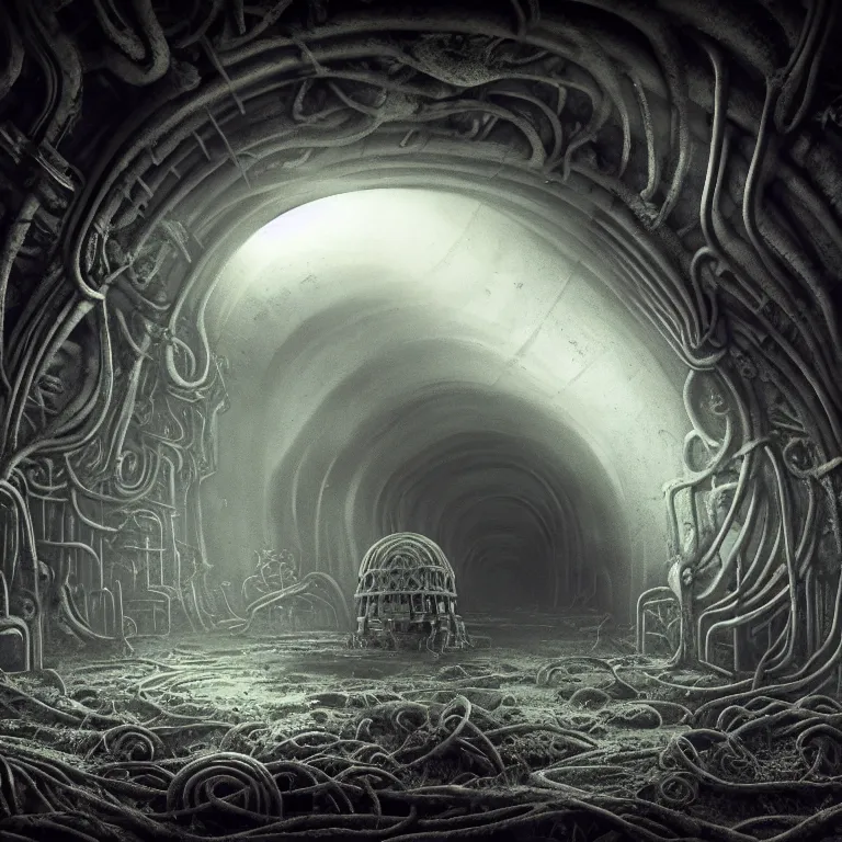 Image similar to surreal dark tunnel inside abandoned ancient alien spaceship covered with ribbed spinal tubes, organic flesh meat, surreal abandoned buildings, dream-like heavy atmosphere, baroque painting, beautiful detailed intricate insanely detailed octane render trending on Artstation, 8K artistic photography, photorealistic, volumetric cinematic light, chiaroscuro, Raphael, Caravaggio, Beksinski, Giger