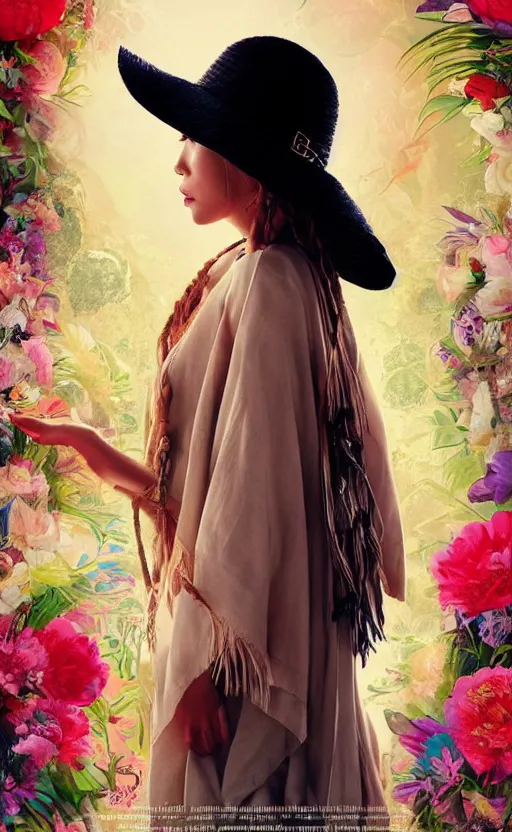 Prompt: bestselling movie poster, official media,a cinematic beautiful closeup moment of saying goodbye wearing boho poncho and sunhat with peonies, simple form, brutal shapes, shaman, pixiv, 1970s fashion, official anime media, cinematic lighting, artstation consept artwork by doja cat, charlie bowater, waterhouse, ,greg rutkowski, wong kar wai