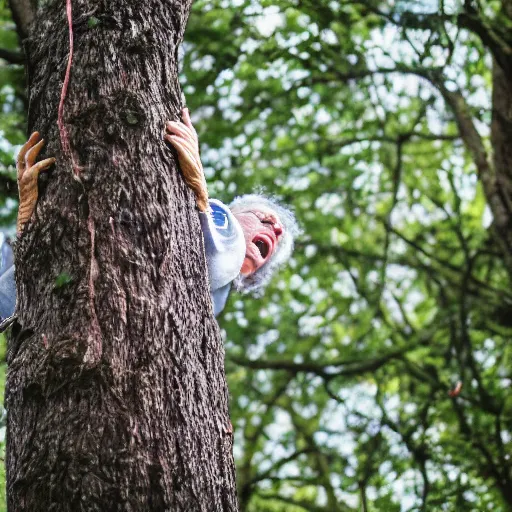 Image similar to elderly woman stuck up a tree, screaming, canon eos r 3, f / 1. 4, iso 2 0 0, 1 / 1 6 0 s, 8 k, raw, unedited, symmetrical balance, wide angle