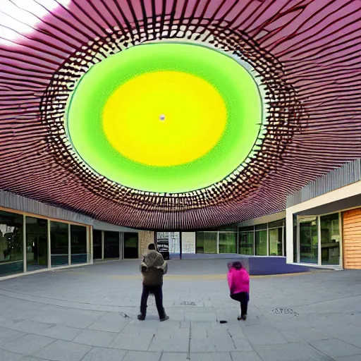 Prompt: a huge funny power-quasi vortex next to a community centre