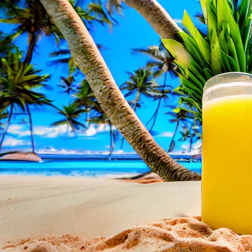 Image similar to pineapple juice chilling on the beach lying in a sun bed, realistic, hdr, clear image, hdd, dynamic lighting, rtx on,