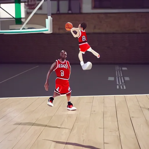 Prompt: small goblin dunking on Michael Jordan in basketball 3d render