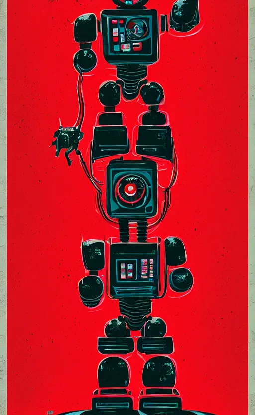 Prompt: a poster of a robot standing in front of a red background, poster art by tim doyle, behance contest winner, shock art, poster art, apocalypse art, sci - fi