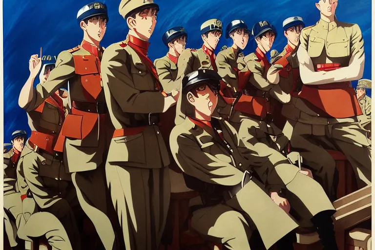 Image similar to anime key visual of dictator fascist nationalist propaganda poster from world war 2 depicting an elite regiment of anime maids commiting war crimes, style of jamie wyeth james gilleard edward hopper greg rutkowski acrylic painting, preserved museum piece, historical