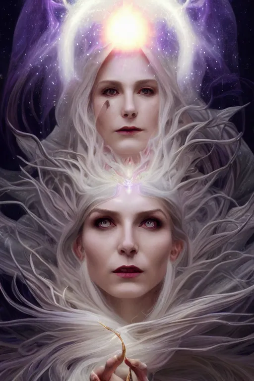 Prompt: white witch crafting magic spells, side view, crafting spells, bright witch, flying, fantasy, chaos, magic, dark magic, dramatic lighting, intricate, wild, highly detailed, digital painting, artstation, concept art, smooth, sharp focus, illustration, art by artgerm and greg rutkowski and alphonse mucha, footage from space camera