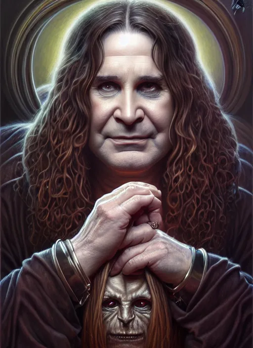 Image similar to portrait shot of ozzy osborne, intricate, elegant, highly detailed, centered, digital painting, artstation, concept art, smooth, sharp focus, illustration, artgerm, tomasz alen kopera, peter mohrbacher, donato giancola, joseph christian leyendecker, wlop, boris vallejo