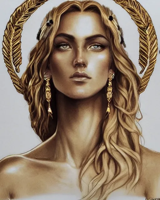 Image similar to tattoo design sketch of hot blonde super model as aphrodite greek goddess wearing a gold laurel wreath and triangle earrings, beautiful piercing gaze with sharp pupils, in the style of greg rutkowski, fantasy, amazing detail, epic, elegant, smooth, sharp focus, front view