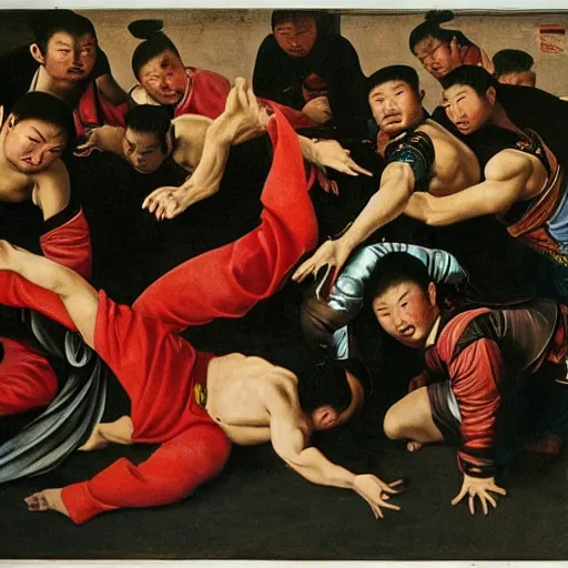 Prompt: shuai jiao chinese wrestling class in the style of caravaggio