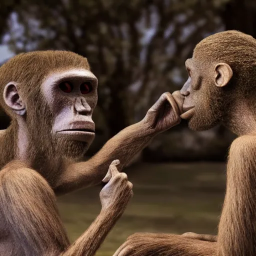 Image similar to Australopithecus meeting modern scientist, field researcher, proto-human meeting modern human, 2022 photograph, award-winning photo